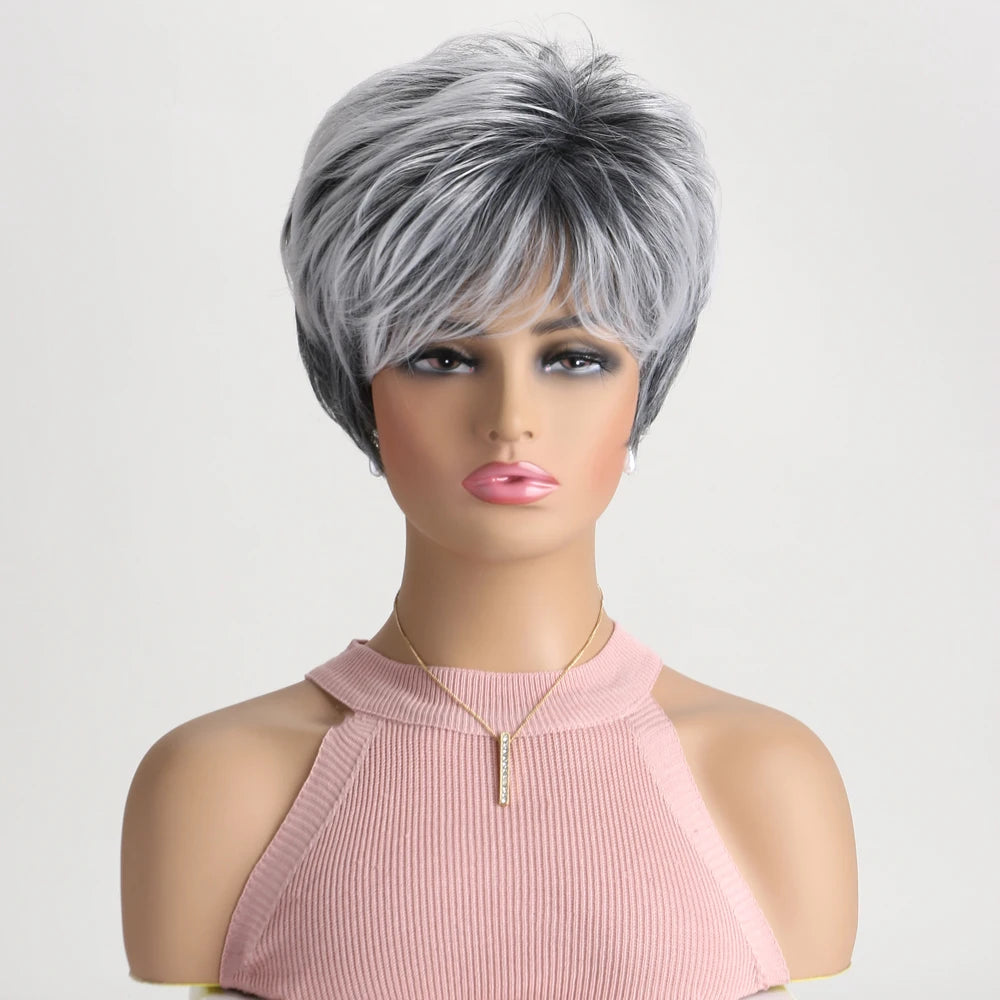 Pelucas naturales cortas con flequillo, pelo suave para mamá, uso diario, pelo sintético rizado corto gris ombré, peluca de fiesta para disfraz para mujer