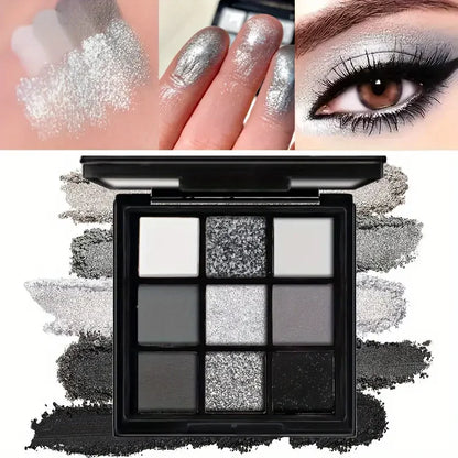 Paleta de sombras de ojos de 9 sombras: Black Swan, Smoky, Dark Black, Grey Silver Glitter, acabado mate, duradero y fácil de colorear