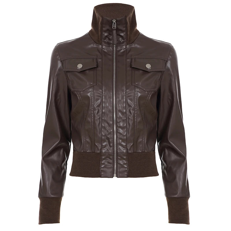 Chaqueta de cuero Pu estilo Safari con bolsillos ajustados, abrigos de manga larga con cremallera y cuello alto para mujer, ropa de calle Y2K para Otoño e Invierno 2025
