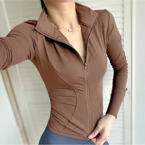 Chaqueta deportiva con cremallera para mujer, Top ajustado de manga larga para correr y Fitness, abrigo liso de secado rápido para Yoga, ropa informal sencilla