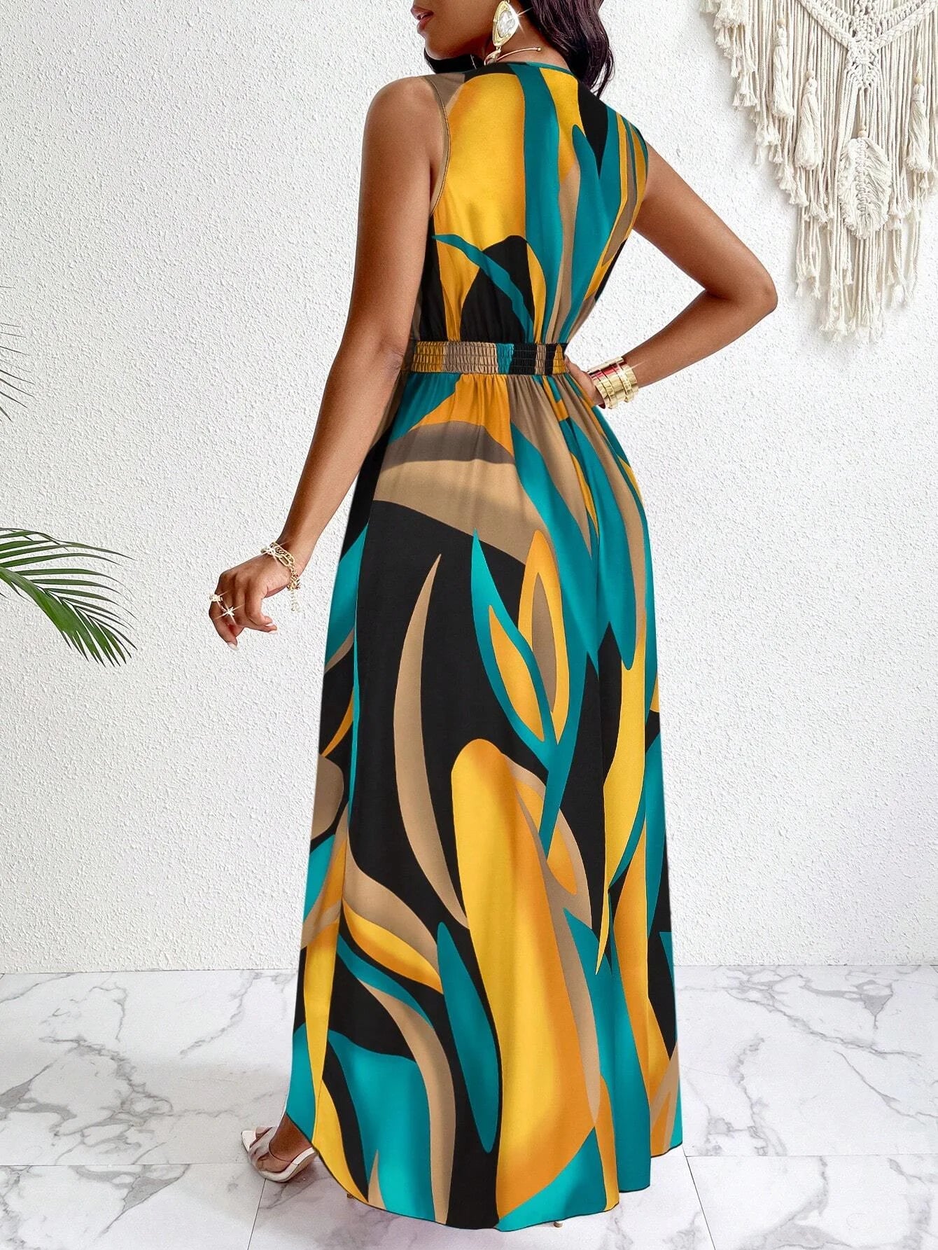 Vestido largo de mujer con estampado tropical, cuello en V, sección de cintura, tejido por cable y corte acampanado
