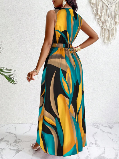 Vestido largo de mujer con estampado tropical, cuello en V, sección de cintura, tejido por cable y corte acampanado