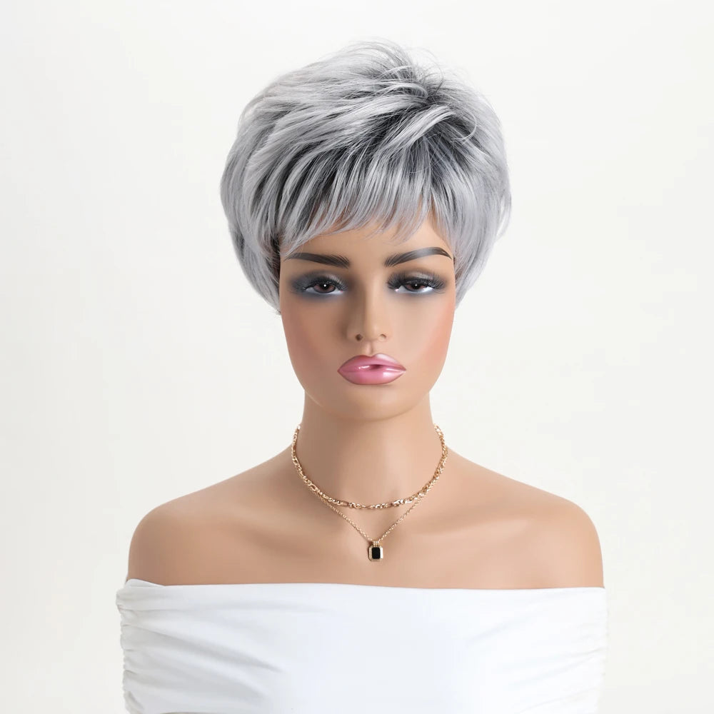Pelucas naturales cortas con flequillo, pelo suave para mamá, uso diario, pelo sintético rizado corto gris ombré, peluca de fiesta para disfraz para mujer