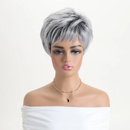 Pelucas naturales cortas con flequillo, pelo suave para mamá, uso diario, pelo sintético rizado corto gris ombré, peluca de fiesta para disfraz para mujer
