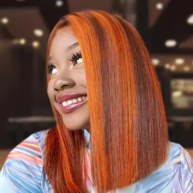 Peluca Bob con Frente de Encaje Recto 13x4, 100% Cabello Humano, Color Naranja Jengibre Sedoso, 200% de Densidad, con Reflejos Naranja P4-350, Pre-Desplumada