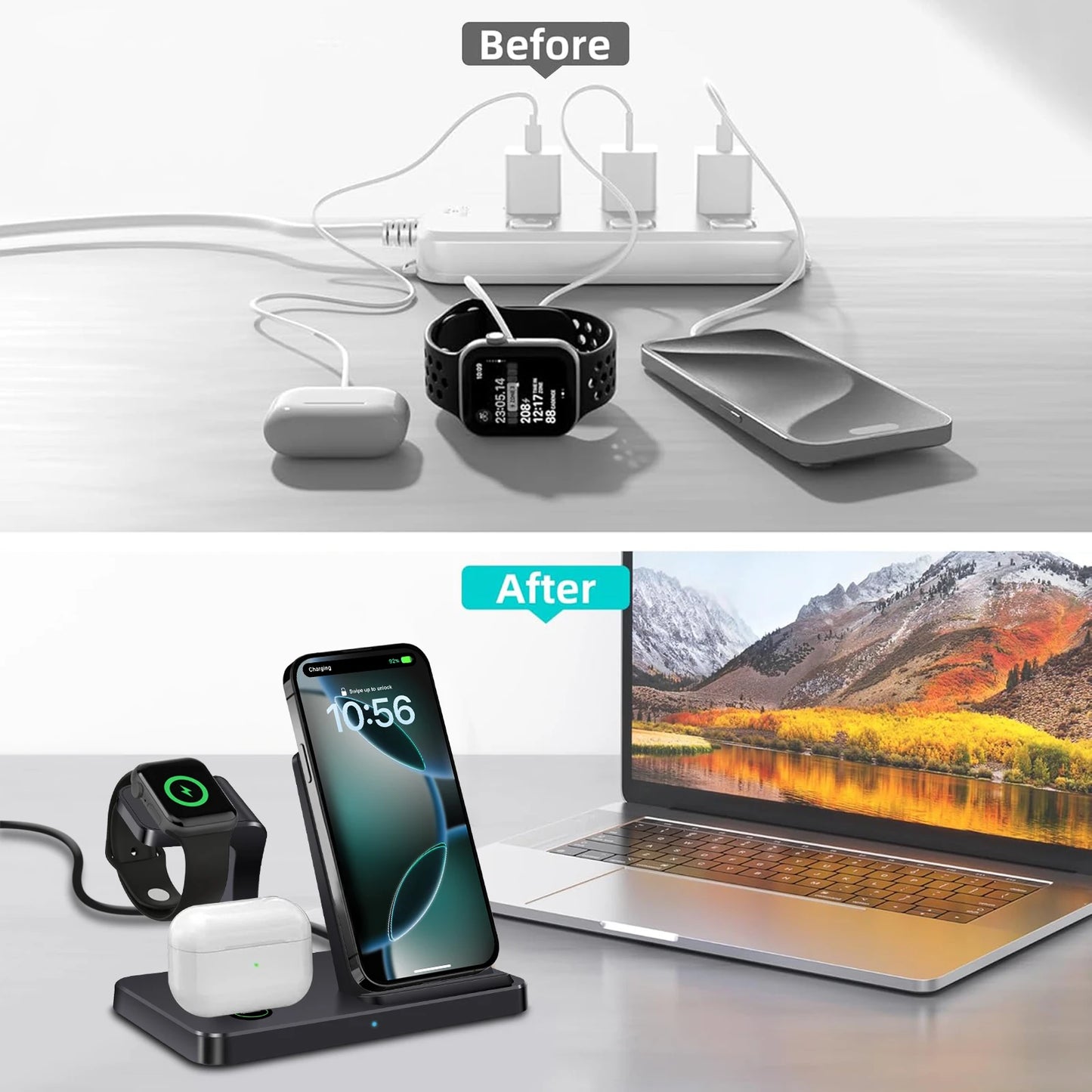 Cargador inalámbrico 3 en 1 para iPhone 16, 15, 14, 13, 12 Pro Max, estación de carga rápida para iWatch 10, 9, 8, Airpods 3, soporte de inducción