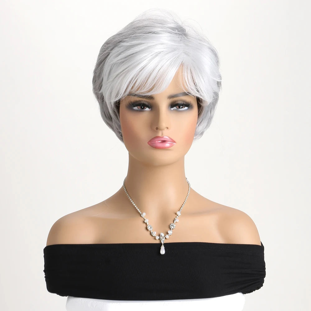 Pelucas naturales cortas con flequillo, pelo suave para mamá, uso diario, pelo sintético rizado corto gris ombré, peluca de fiesta para disfraz para mujer