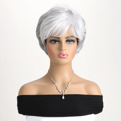 Pelucas naturales cortas con flequillo, pelo suave para mamá, uso diario, pelo sintético rizado corto gris ombré, peluca de fiesta para disfraz para mujer