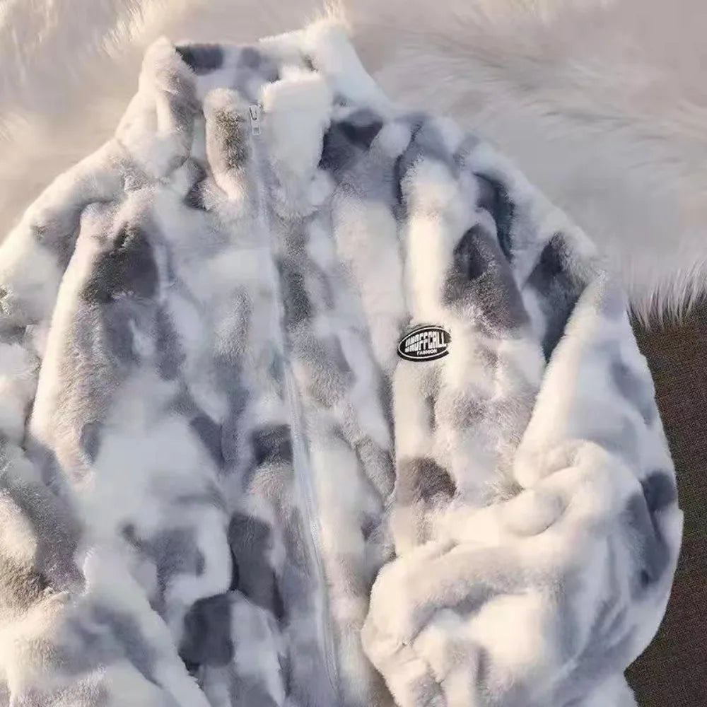 Nueva chaqueta de lana de cordero teñida anudada para mujer, prendas de vestir exteriores con cremallera para otoño e invierno, chaquetas cálidas de felpa, abrigo grueso holgado informal Harajuku para mujer