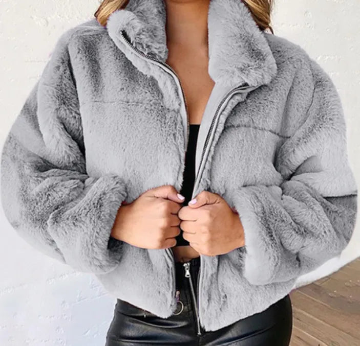 Chaqueta cálida de invierno para mujer, cárdigan con cremallera, piel sintética, moda, manga larga, cuello levantado, abrigo de felpa para mujer