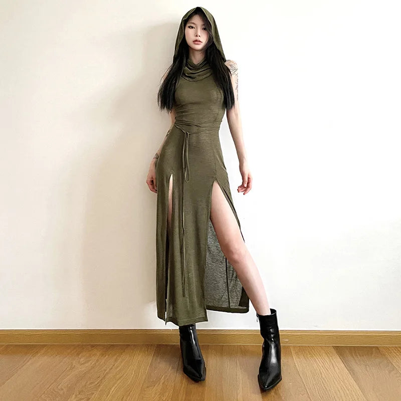 Verano Sexy estilo europeo y americano sin mangas vestido con capucha largo dividido ahueca hacia fuera el vestido de las mujeres de Color puro