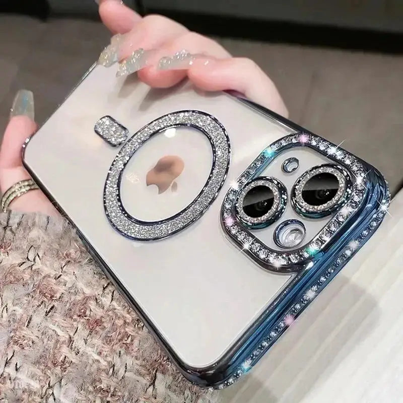 Luxury Bling Crystal Lens Film Case for iPhone 15 16 11 12 13 14 Pro Max 16 Plus Magsafe Magnetic Wireless Charging Clear Cover