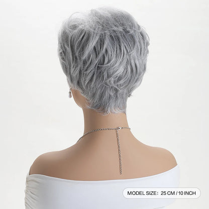 Pelucas naturales cortas con flequillo, pelo suave para mamá, uso diario, pelo sintético rizado corto gris ombré, peluca de fiesta para disfraz para mujer