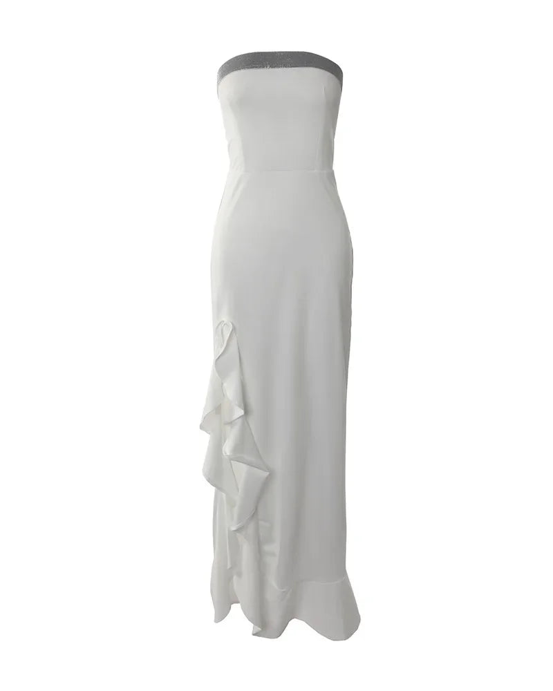 Vestido blanco con volantes para mujer elegante sin tirantes lado alto dividido Irregular Maxi ceñido al cuerpo vestidos por debajo de la rodilla vestido de fiesta de noche Sexy