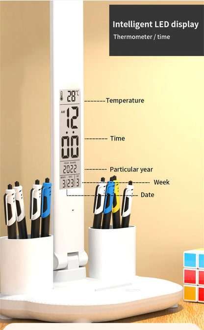 Lámpara de escritorio LED, lámpara de mesa plegable táctil regulable por USB con calendario, reloj de temperatura, luz nocturna para estudio, lámpara de lectura