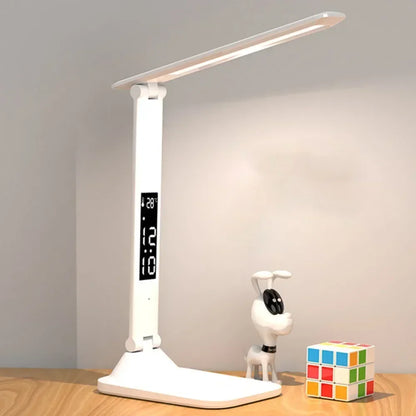 Lámpara de escritorio LED, lámpara de mesa plegable táctil regulable por USB con calendario, reloj de temperatura, luz nocturna para estudio, lámpara de lectura