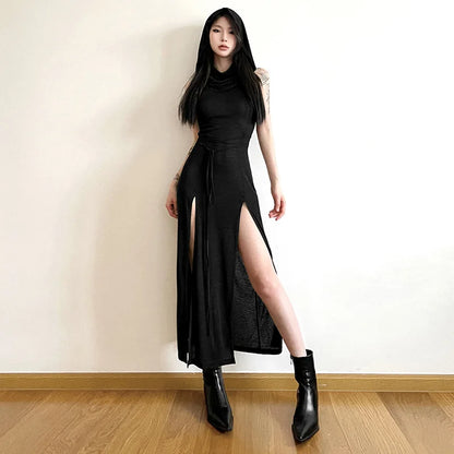 Verano Sexy estilo europeo y americano sin mangas vestido con capucha largo dividido ahueca hacia fuera el vestido de las mujeres de Color puro