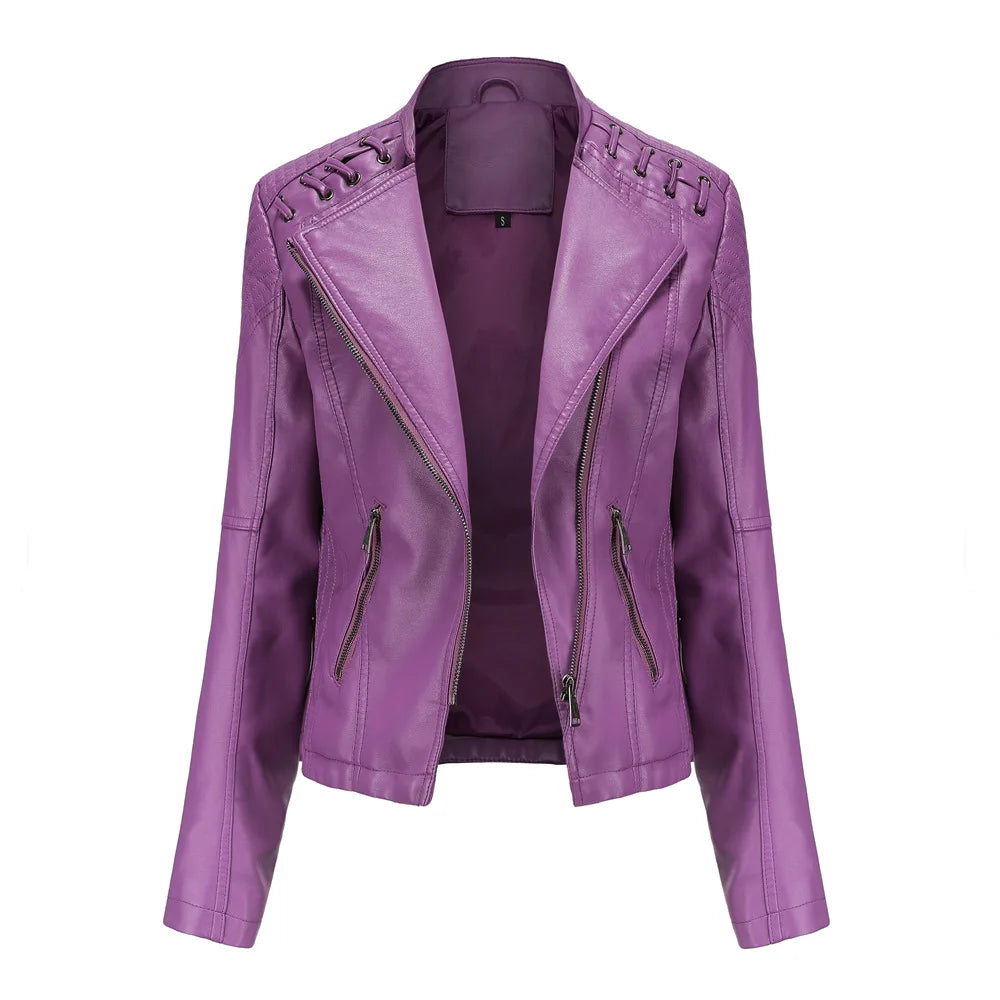 Chaqueta de cuero sintético para mujer, abrigo corto ajustado con cuello levantado y cremallera, ropa de calle para motorista, novedad de primavera y otoño.