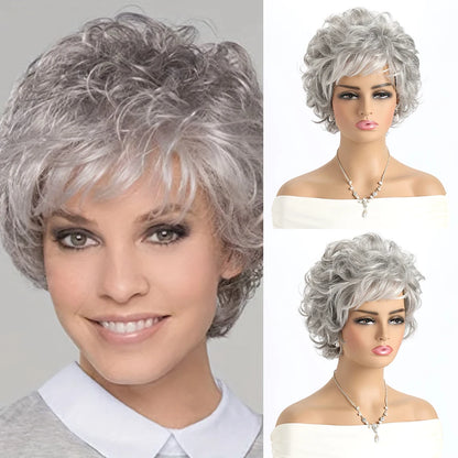 Pelucas naturales cortas con flequillo, pelo suave para mamá, uso diario, pelo sintético rizado corto gris ombré, peluca de fiesta para disfraz para mujer