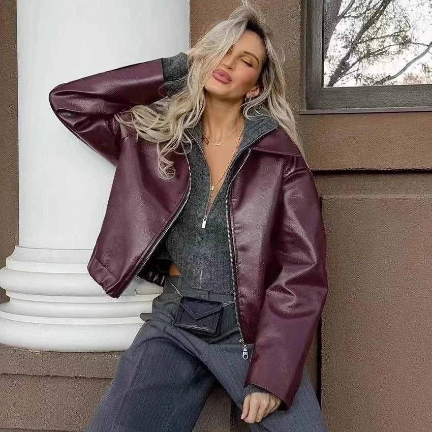 Autumn Winter Retro Leather Jacket 2026 New Women's PU Leather Jacket Short Lapel Motorcycle Loose Coat Women's Biker Leather Coat
