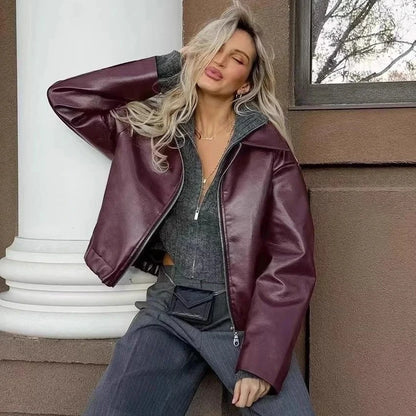 Autumn Winter Retro Leather Jacket 2026 New Women's PU Leather Jacket Short Lapel Motorcycle Loose Coat Women's Biker Leather Coat