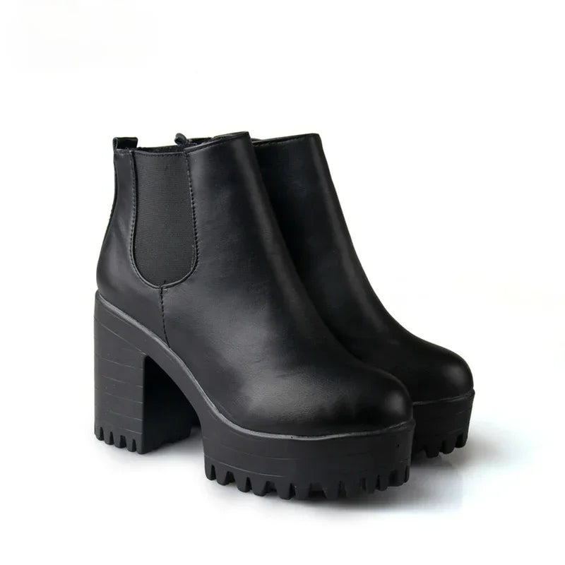 Botas de tacón cuadrado para Mujer, Zapatos con plataforma, de cuero PU, hasta el muslo, para motocicleta