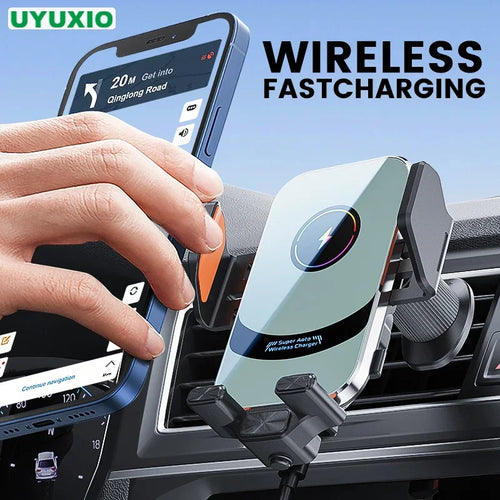 UYUXIO-Adaptador de cargador de coche inalámbrico con sujeción automática, soporte de teléfono para coche con ventilación de aire de carga súper rápida para iPhone 16 15 Pro Max Samsung