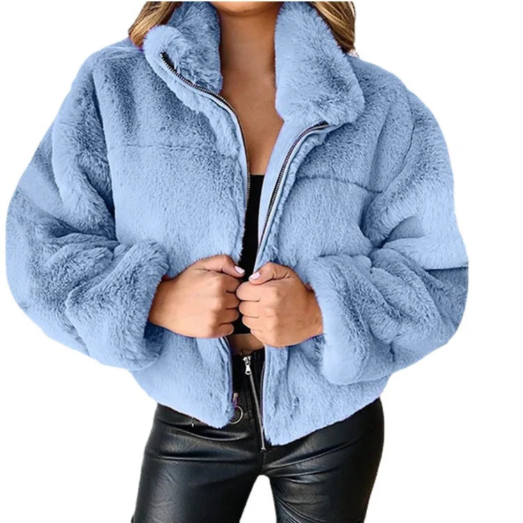 Chaqueta cálida de invierno para mujer, cárdigan con cremallera, piel sintética, moda, manga larga, cuello levantado, abrigo de felpa para mujer