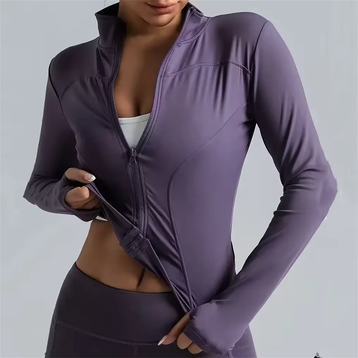 Chaqueta deportiva con cremallera para mujer, Top ajustado de manga larga para correr y Fitness, abrigo liso de secado rápido para Yoga, ropa informal sencilla
