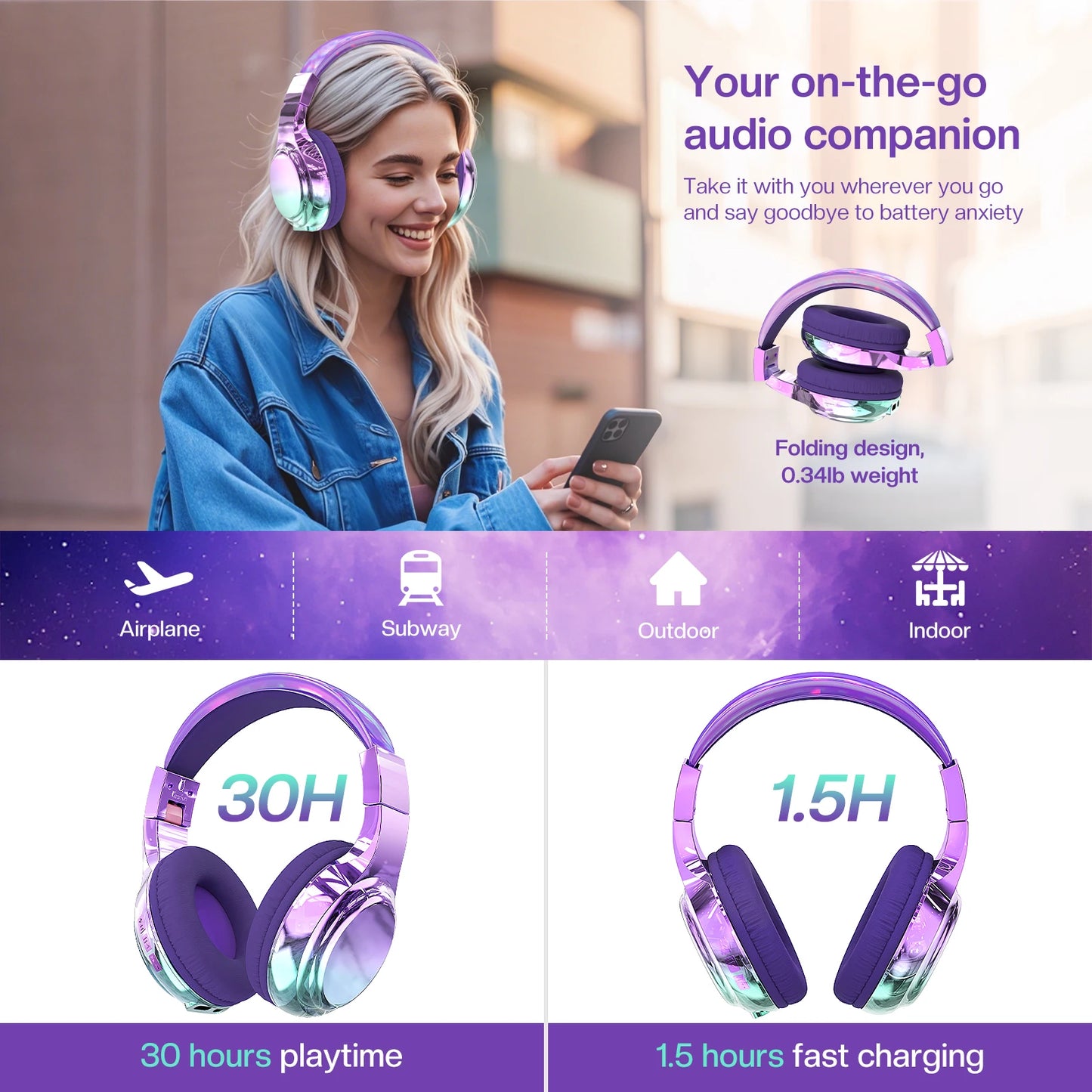 Kids Gradient Bluetooth Headphones, Wireless Over-Ear Headsets for Girls with Mic, Foldable Lightweight Headphones for School Travel