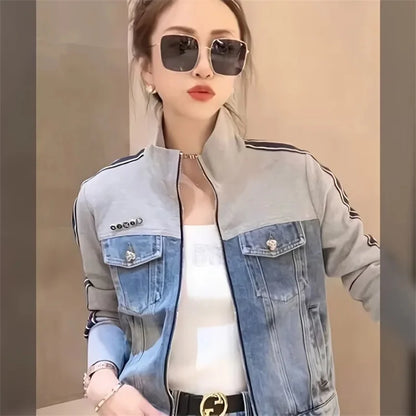 Otoño mujer cuello alto cremallera Denim abrigo coreano señoras Patchwork vaquero prendas de vestir 2025 mujer chaqueta vaquera de manga larga