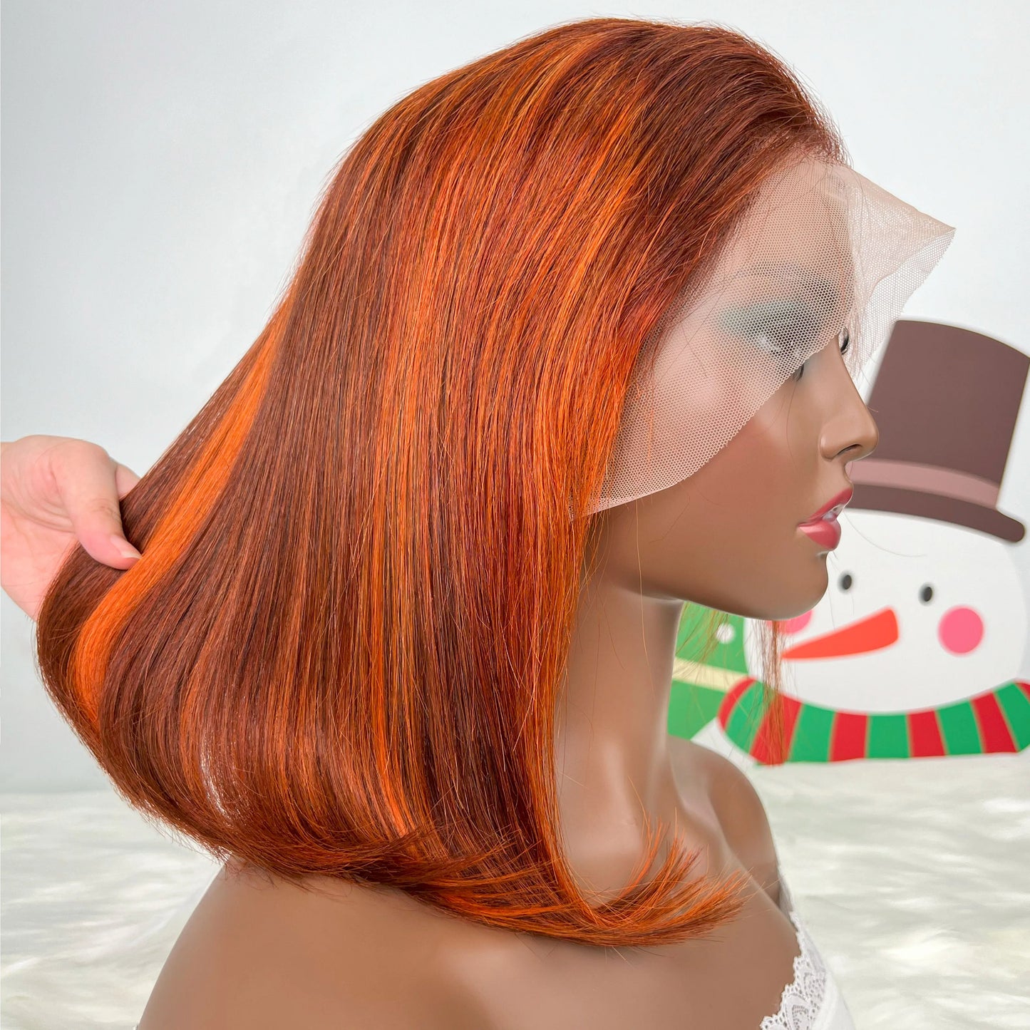 Peluca Bob con Frente de Encaje Recto 13x4, 100% Cabello Humano, Color Naranja Jengibre Sedoso, 200% de Densidad, con Reflejos Naranja P4-350, Pre-Desplumada