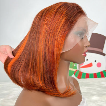 Peluca Bob con Frente de Encaje Recto 13x4, 100% Cabello Humano, Color Naranja Jengibre Sedoso, 200% de Densidad, con Reflejos Naranja P4-350, Pre-Desplumada