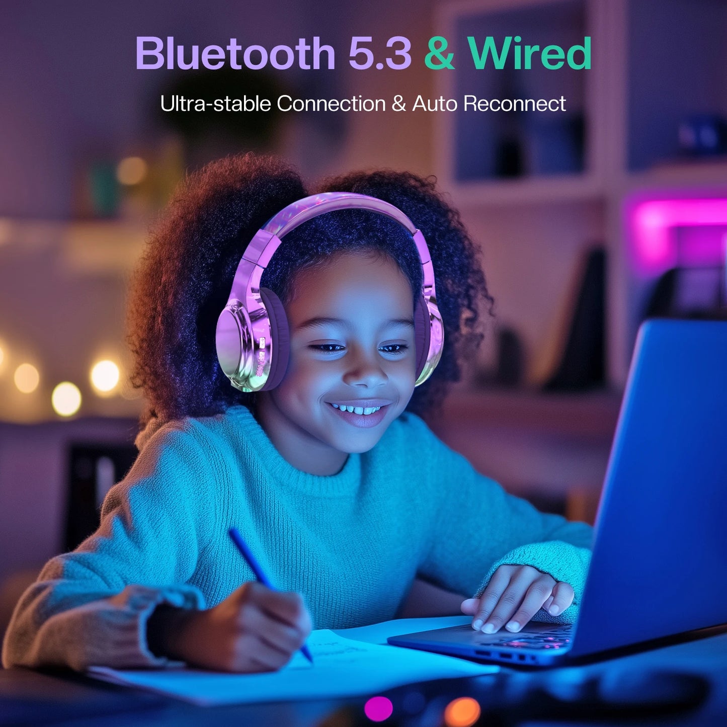 Kids Gradient Bluetooth Headphones, Wireless Over-Ear Headsets for Girls with Mic, Foldable Lightweight Headphones for School Travel