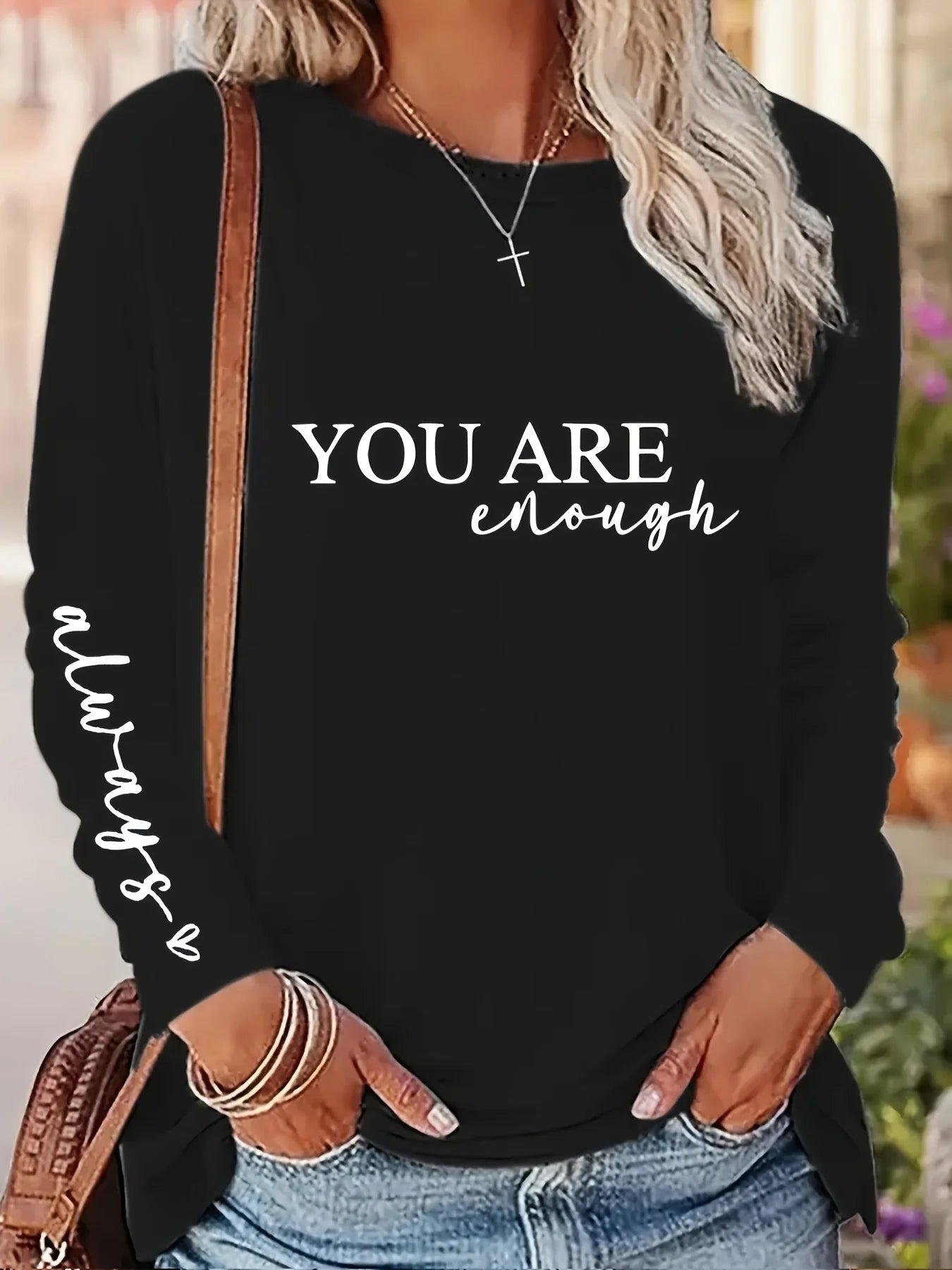 Camiseta holgada informal de algodón 100% para primavera y otoño para mujer, camiseta de manga larga con cuello redondo y estampado.