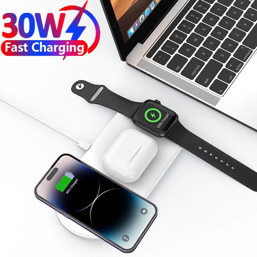 Cargador inalámbrico 3 en 1 de 30W para iPhone 15 14 13 12 11 Pro Max 8 X Apple Watch 8 7 6 AirPods Estación de carga inalámbrica rápida