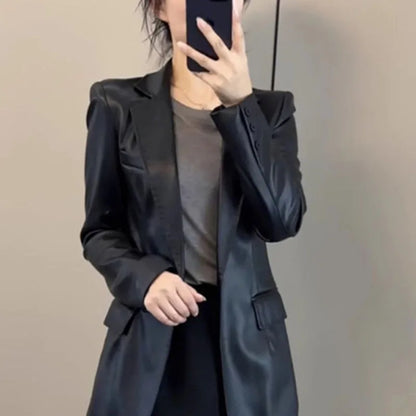 Chaqueta de cuero negro de gama alta para mujer, chaqueta de traje de cuero PU ajustada a la moda para primavera y otoño, ropa de motocicleta 2026