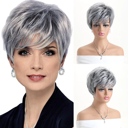 Pelucas naturales cortas con flequillo, pelo suave para mamá, uso diario, pelo sintético rizado corto gris ombré, peluca de fiesta para disfraz para mujer