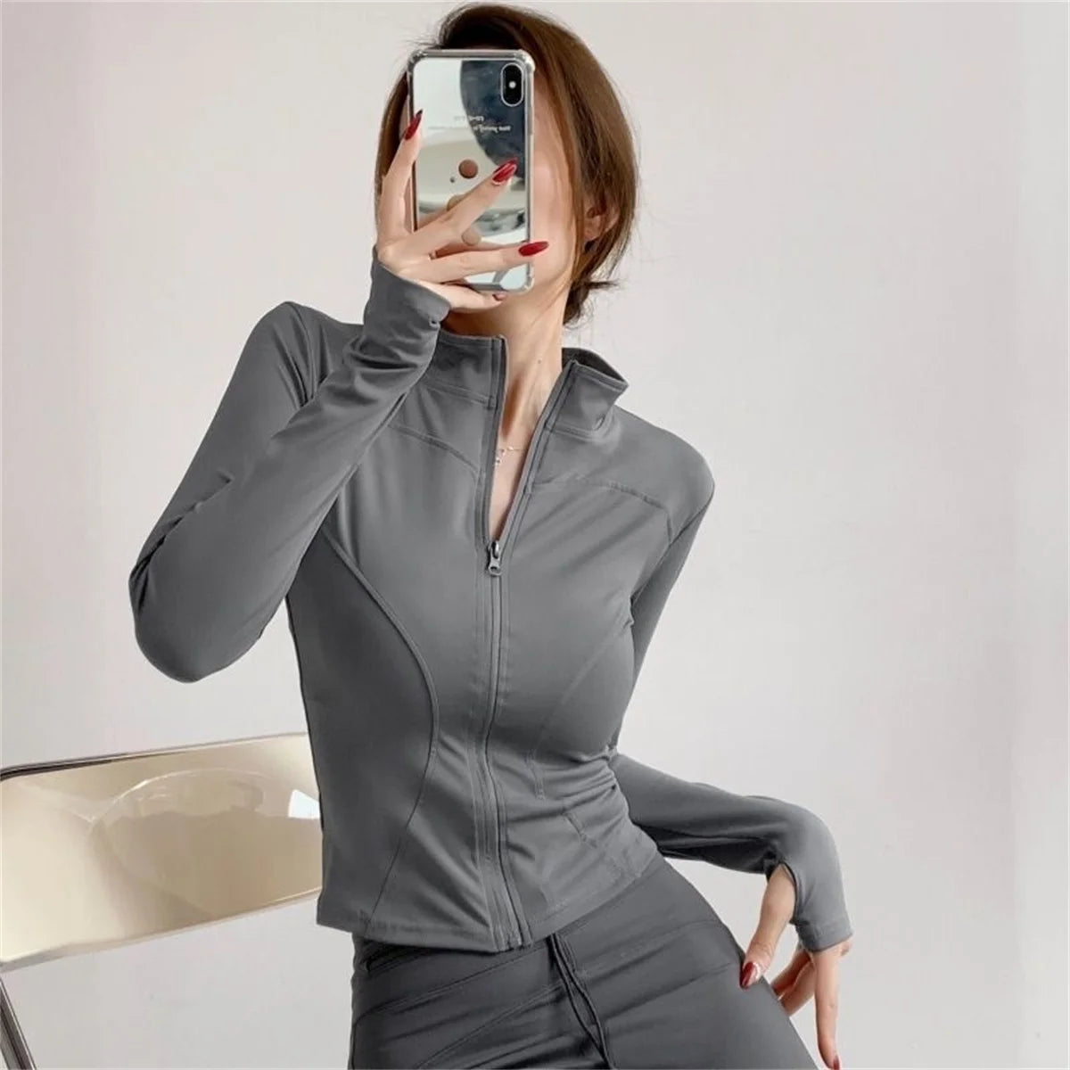 Chaqueta deportiva con cremallera para mujer, Top ajustado de manga larga para correr y Fitness, abrigo liso de secado rápido para Yoga, ropa informal sencilla