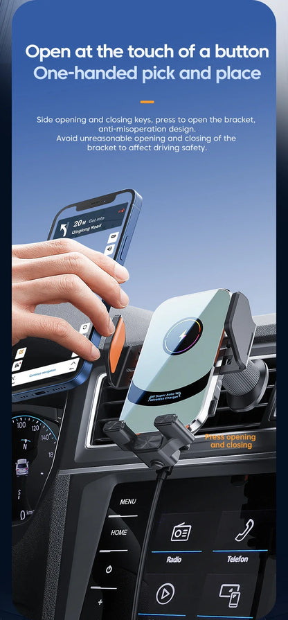 UYUXIO-Adaptador de cargador de coche inalámbrico con sujeción automática, soporte de teléfono para coche con ventilación de aire de carga súper rápida para iPhone 16 15 Pro Max Samsung