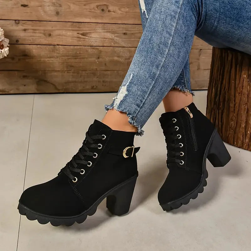Botas antideslizantes con cordones para Mujer, zapatos De tacón alto, moda al aire libre, alta calidad, Otoño e Invierno