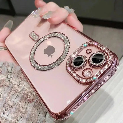 Luxury Bling Crystal Lens Film Case for iPhone 15 16 11 12 13 14 Pro Max 16 Plus Magsafe Magnetic Wireless Charging Clear Cover