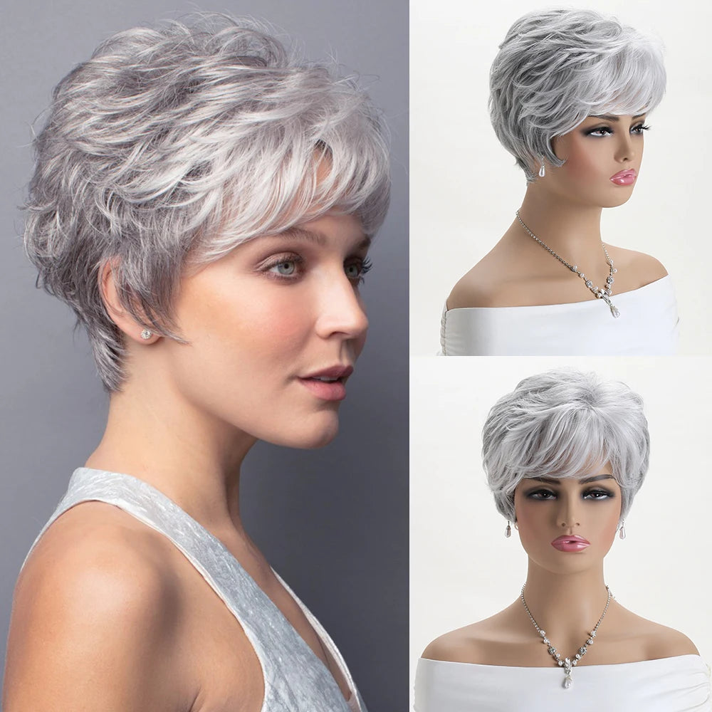 Pelucas naturales cortas con flequillo, pelo suave para mamá, uso diario, pelo sintético rizado corto gris ombré, peluca de fiesta para disfraz para mujer