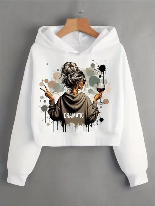 Vintage Dramatic Lady Print Autumn Winter Cropped Sweatshirt Crop Top Hoodie Y2k Hoodies Gothic Style Casual Clothes