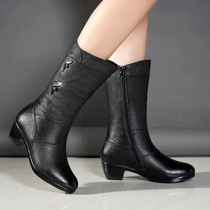 Botas de invierno para Mujer, Botas de nieve cálidas de felpa, Botas de tacón alto a media pantorrilla a la moda para Mujer, Botas de cuero de alta calidad para Mujer