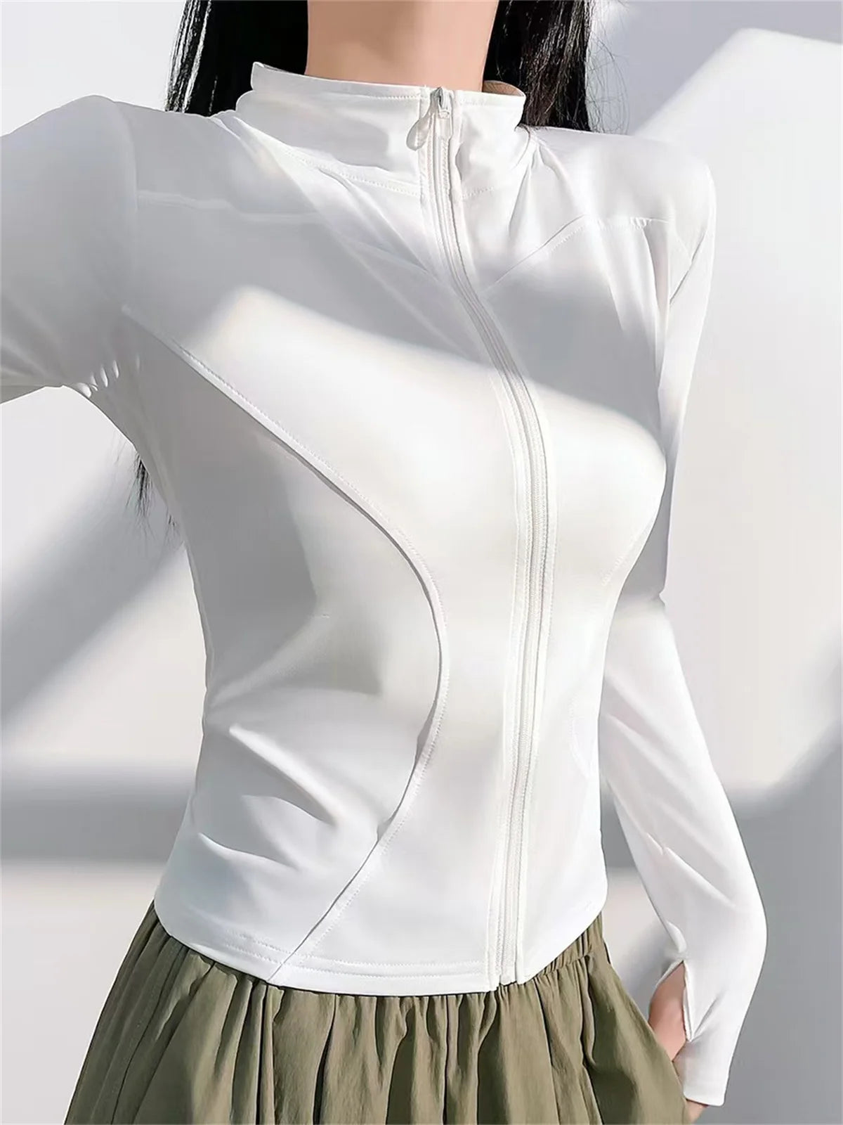 Chaqueta deportiva con cremallera para mujer, Top ajustado de manga larga para correr y Fitness, abrigo liso de secado rápido para Yoga, ropa informal sencilla