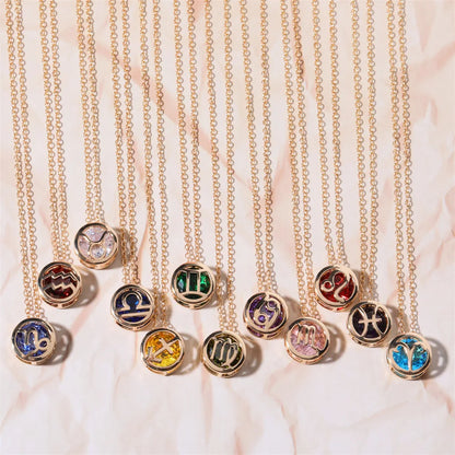 Collares con colgante de 12 constelaciones ahuecados de doble cara Retro para mujer, gargantilla de piedra natal con diamantes de imitación de cristal, signo del zodiaco