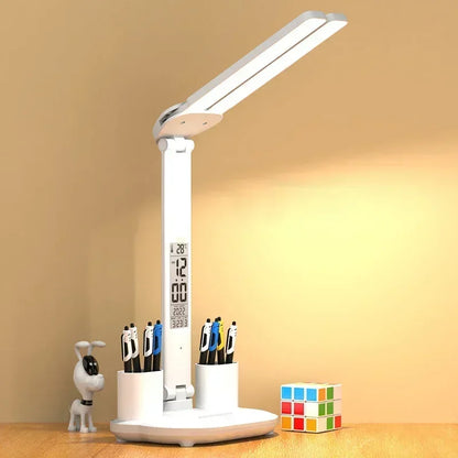 Lámpara de escritorio LED, lámpara de mesa plegable táctil regulable por USB con calendario, reloj de temperatura, luz nocturna para estudio, lámpara de lectura