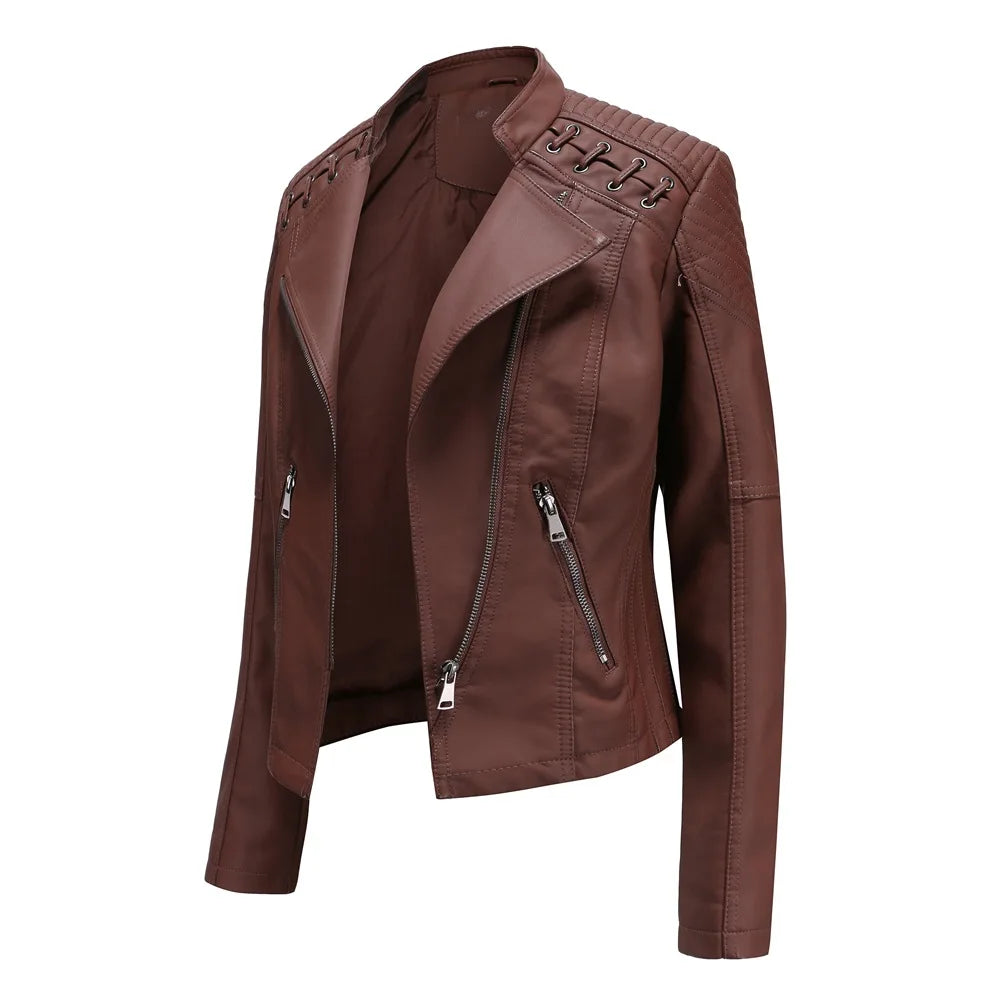 Chaqueta de cuero sintético para mujer, abrigo corto ajustado con cuello levantado y cremallera, ropa de calle para motorista, novedad de primavera y otoño.