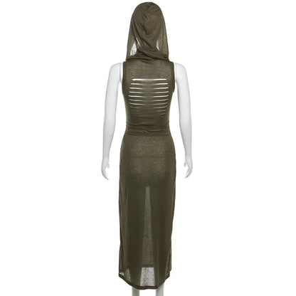 Verano Sexy estilo europeo y americano sin mangas vestido con capucha largo dividido ahueca hacia fuera el vestido de las mujeres de Color puro
